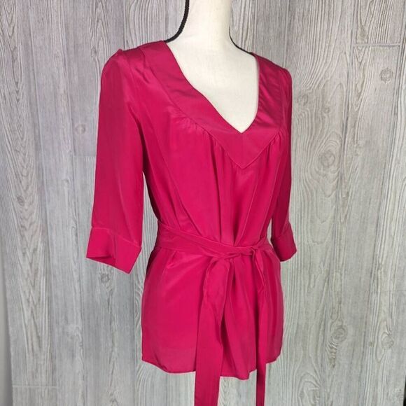 Rory Beca Silk V-Neck Blouse Tunic Waist Tie 3/4 Sleeve Pink Women’s XS - Picture 1 of 9